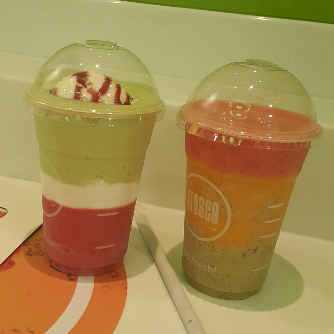 The left one is a couple smoothie which tastes really good. The right one is a Rainbow smoothie. Although all layers are made from fresh fruits the combination didn't please me well. The top layer is strawberry and the bottom layer is kiwi, which both made the shake a bit sour and uncomfortable to drink. @ Fresco Juice Bar & Cafe - Bahrain