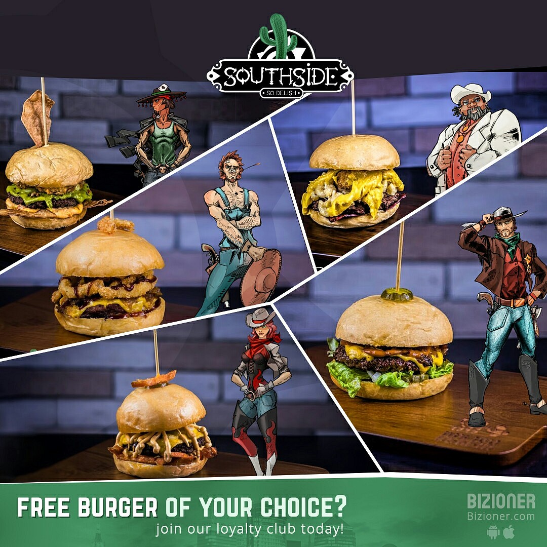 Collect points and get a free burger of your choice 😋
.
.
Receive a Bizioner loyalty point with your order 🏆🎁 @ Southside Restaurant - Bahrain